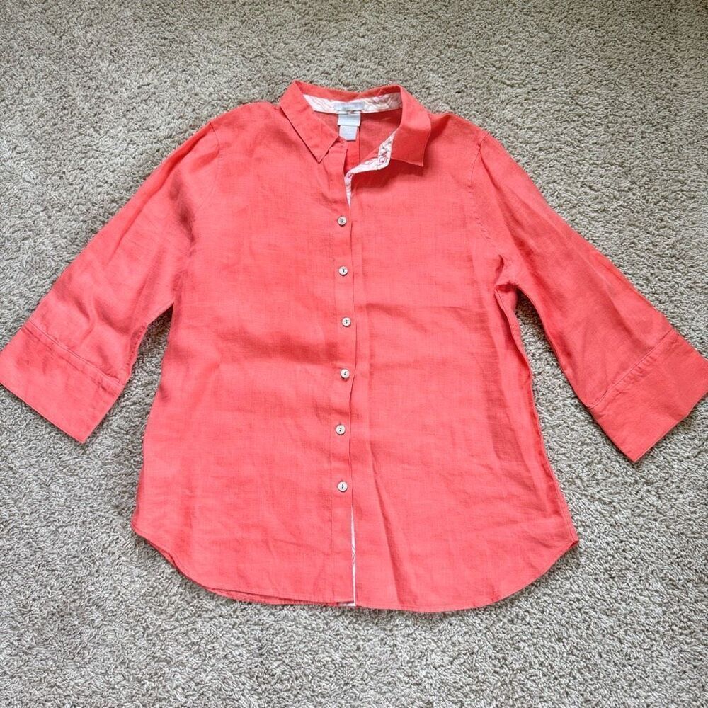 Chico's Shirt Women 6 Pink Orange Linen No Iron Button Up 3/4 Sleeve Lightweight